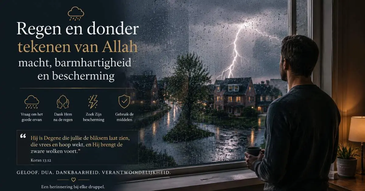 Moslim verricht een dua bij regen en donder terwijl bliksem boven een regenachtig landschap verschijnt