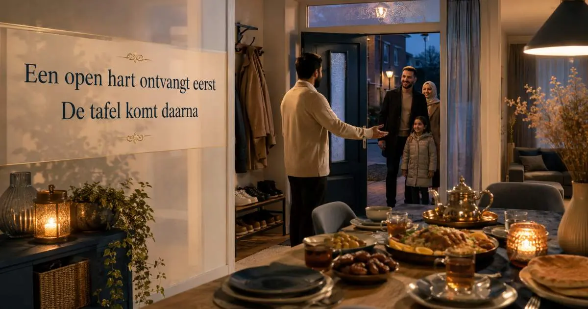Warme huiselijke scène over gastvrijheid in de islam met de tekst Een open hart ontvangt eerst De tafel komt daarna