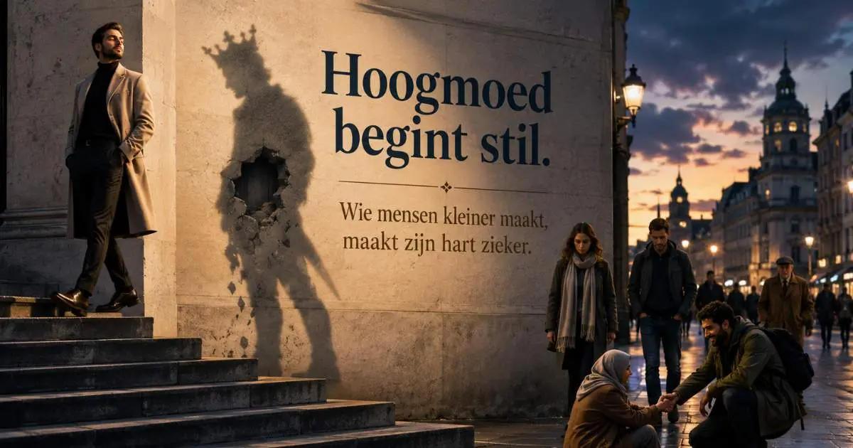 Redactionele afbeelding over hoogmoed in de islam met een man op trappen, een schaduw met kroon en de tekst Hoogmoed begint stil