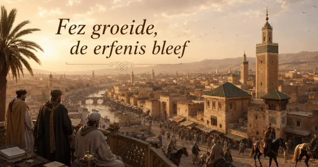 Historisch stadsgezicht van Fez onder de Idrisiden met markten, moskeeën en stedelijke groei in Marokko