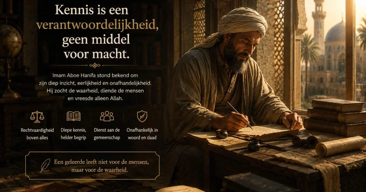 Historische illustratie van imam Aboe Hanifa in een studieruimte met boeken en de Nederlandse tekst Kennis vraagt wijsheid en verantwoordelijkheid.