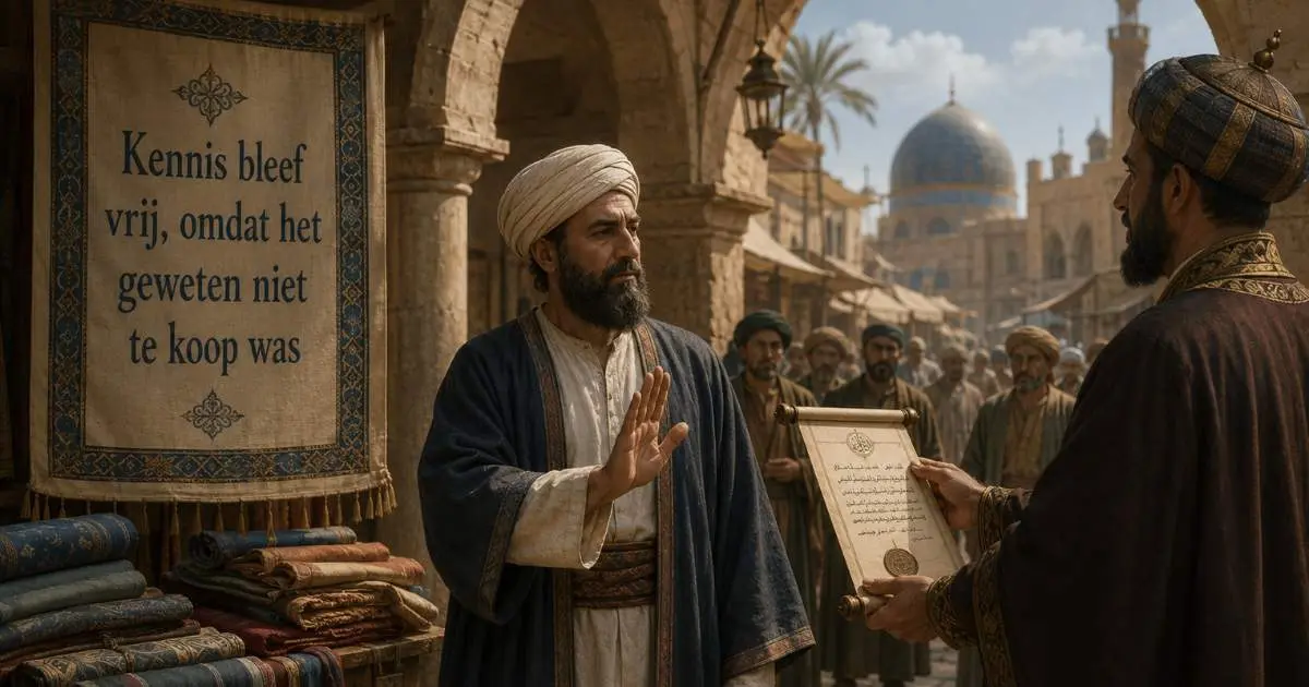 Historische scène van Imam Aboe Hanifa die in een markt een officieel aanbod weigert met de tekst Kennis bleef vrij omdat het geweten niet te koop was