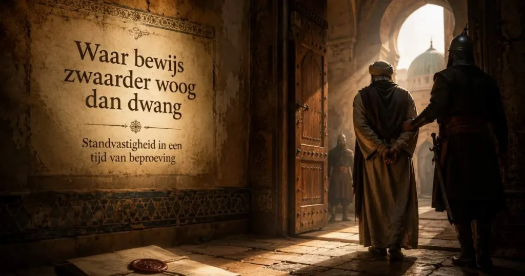 Historische scène van een geleerde die onder bewaking naar een Abbasidische ondervraging wordt geleid met de tekst Waar bewijs zwaarder woog dan dwang