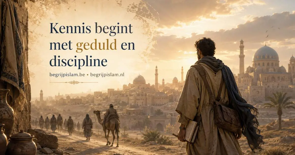 Jonge zoeker naar kennis op weg naar Bagdad met de tekst Kennis begint met geduld en disciplinel.