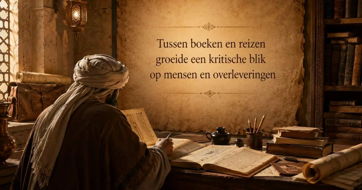 Historische studeerkamer met manuscripten, boeken en een geleerde die de vorming van imam al Boekhari als hadithgeleerde verbeeldt