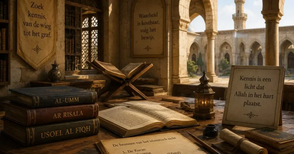 Historische studieruimte in Egypte met boeken en manuscripten over de nieuwe leer van imam ash Shafii