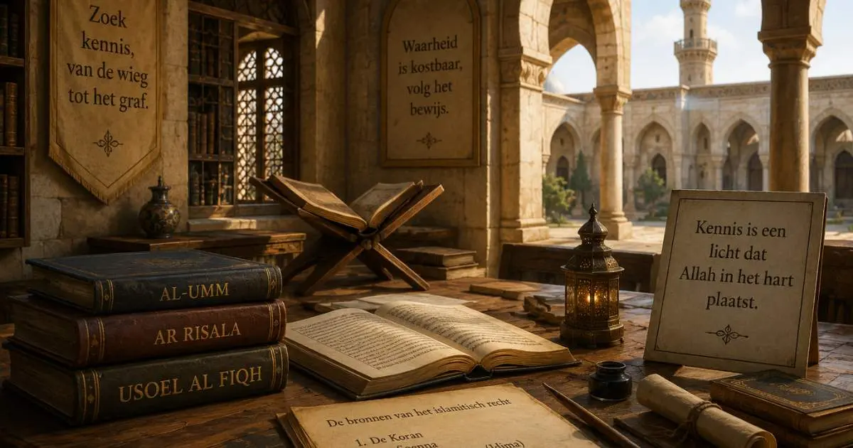 Historische studieruimte in Egypte met boeken en manuscripten over de nieuwe leer van imam ash Shafii