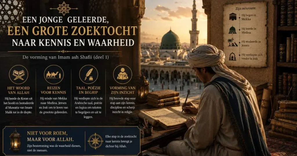 Cinematische historische illustratie van Imam ash Shafii tijdens zijn vroege zoektocht naar kennis, met boeken, manuscripten en een islamitische stad op de achtergrond.
