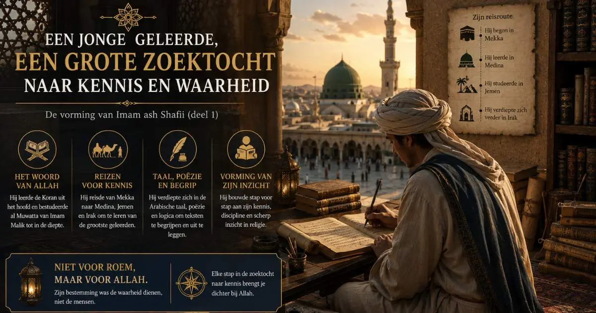 Cinematische historische illustratie van Imam ash Shafii tijdens zijn vroege zoektocht naar kennis, met boeken, manuscripten en een islamitische stad op de achtergrond.