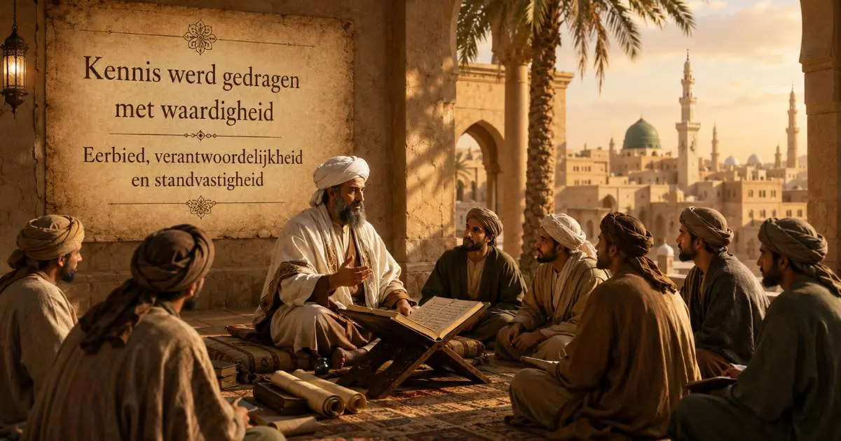 Historische scène van Imam Malik ibn Anas Imam Malik in een kring van leerlingen in Medina met de tekst Kennis werd gedragen met waardigheid