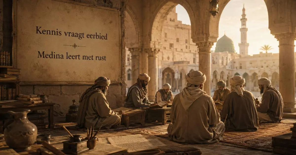 Imam Malik ibn Anas als geleerde in Medina, omringd door boeken en manuscripten