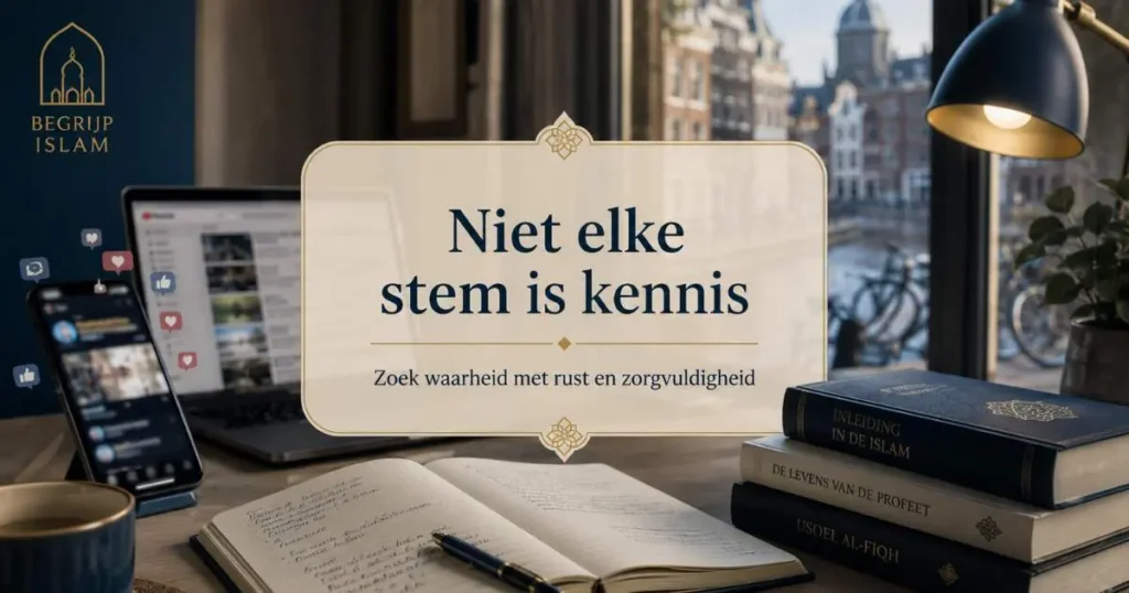 Rustige werkplek met telefoon, laptop en boeken met de tekst Niet elke stem is kennis