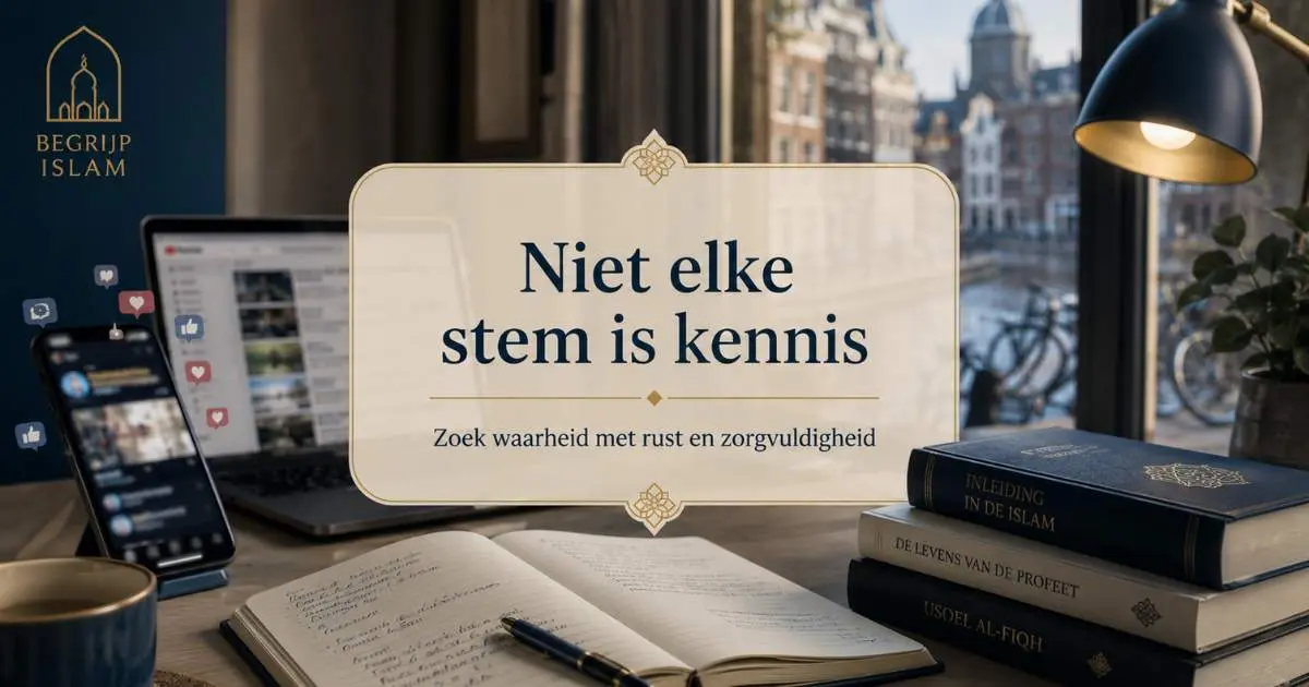 Rustige werkplek met telefoon, laptop en boeken met de tekst Niet elke stem is kennis