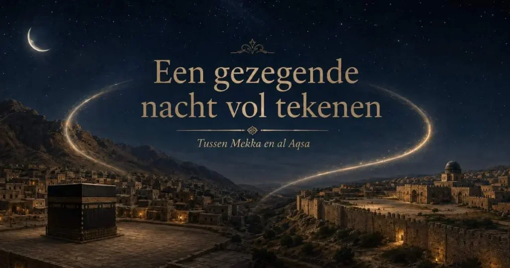 Historisch geïnspireerde nachtelijke voorstelling van Mekka en de al Aqsamoskee tijdens Isra en Miraj, zonder afbeelding van de Profeet