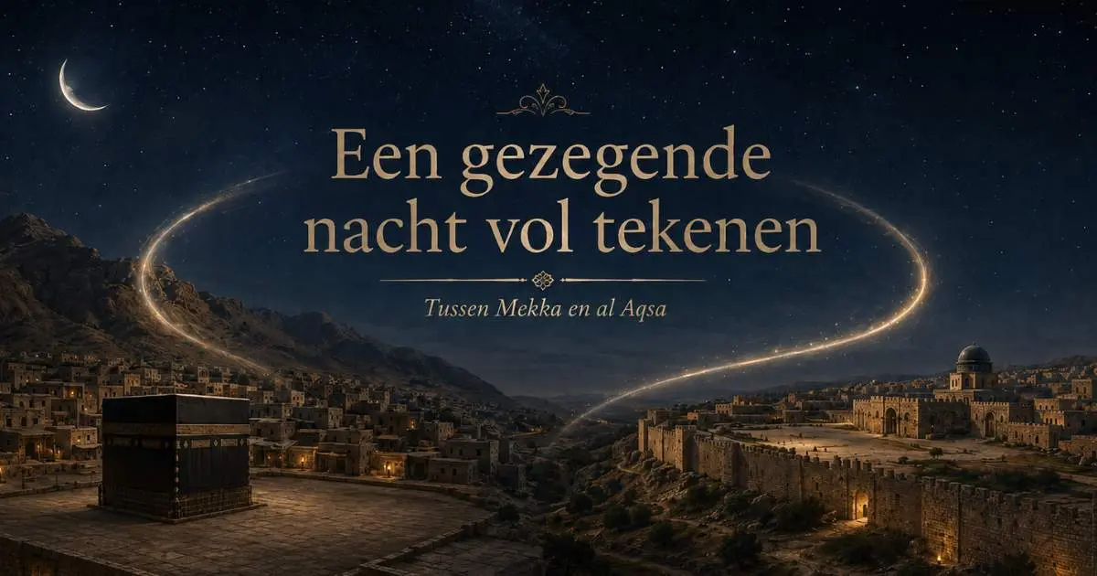 Historisch geïnspireerde nachtelijke voorstelling van Mekka en de al Aqsamoskee tijdens Isra en Miraj, zonder afbeelding van de Profeet