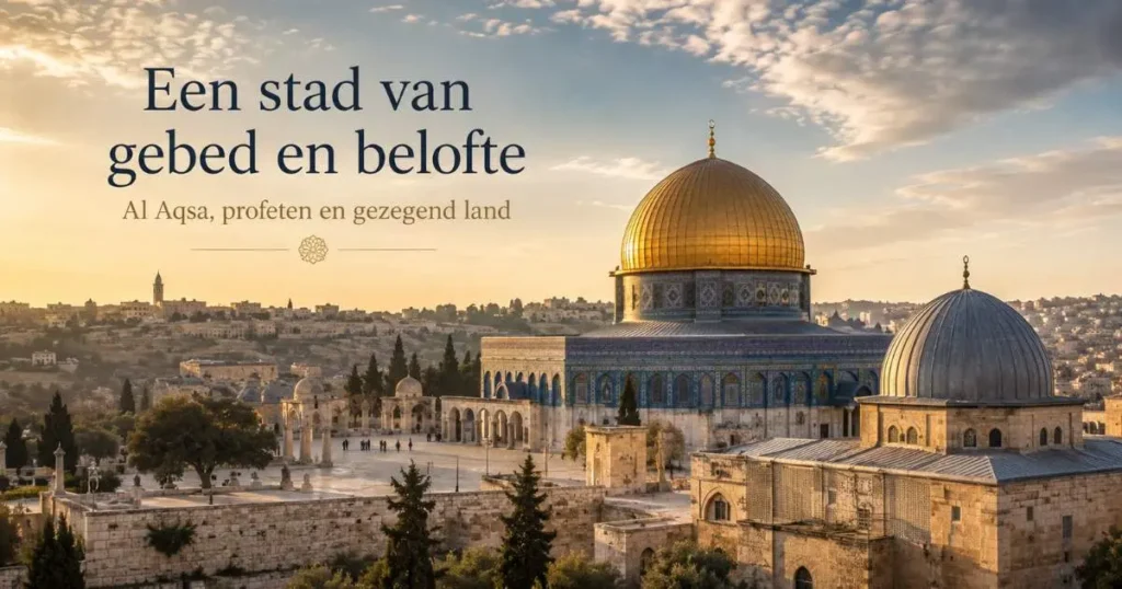 Jeruzalem in de islam met de Rotskoepel en het terrein van al Aqsa bij zonsondergang