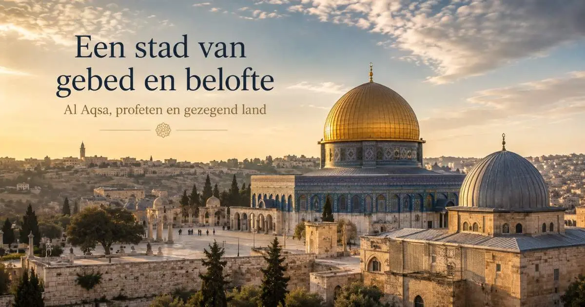 Jeruzalem in de islam met de Rotskoepel en het terrein van al Aqsa bij zonsondergang
