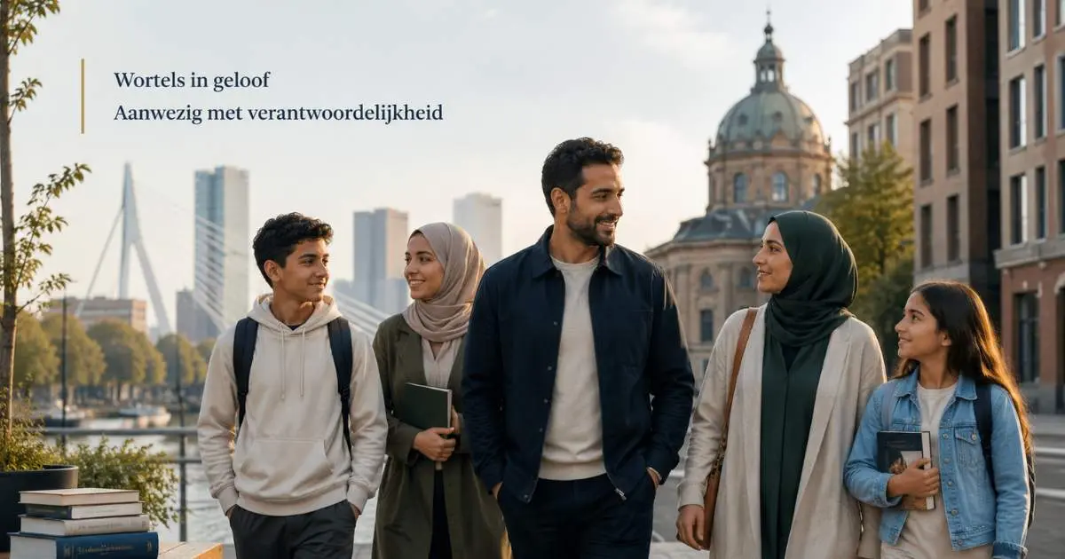 De plaats van moslims in de wereld verbeeld door een moslimgezin dat met geloof en verantwoordelijkheid aanwezig is in een Europese stad