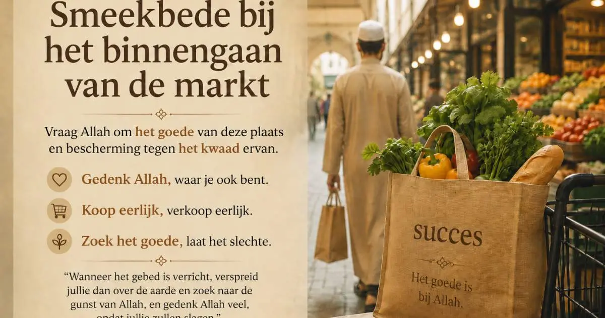 Moslim bij een rustige markt met boodschappen en de tekst Smeekbede bij het binnengaan van de markt