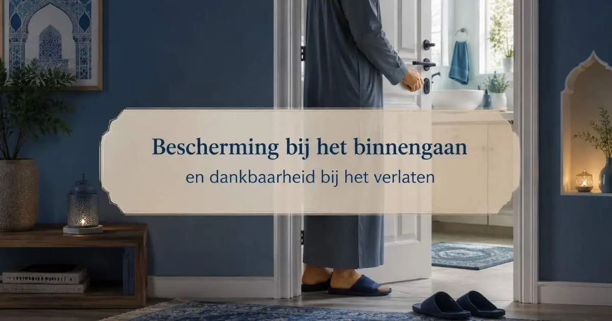 Moslim bij de deur van een toiletruimte met de tekst Bescherming bij het binnengaan en dankbaarheid bij het verlaten
