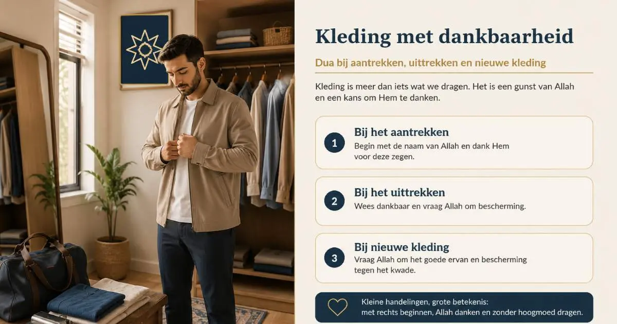 Moslim trekt kleding aan met smeekbeden voor het aan- en uittrekken en het dragen van nieuwe kleding