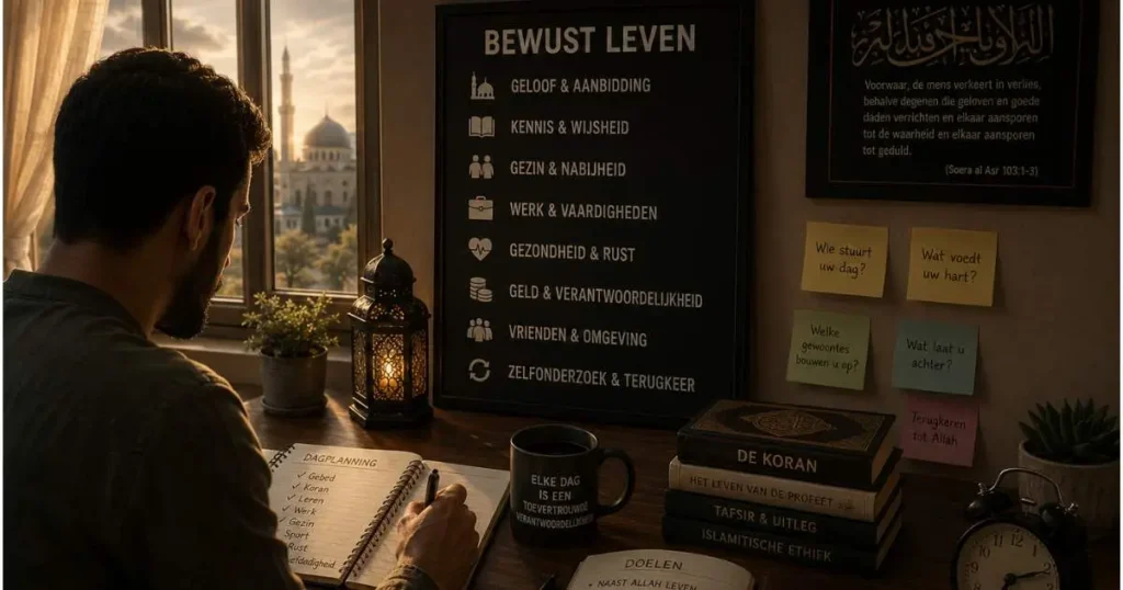 Bewust leven als moslim met aandacht voor tijd, gebed, kennis, gezin, werk, gezondheid en verantwoordelijkheid