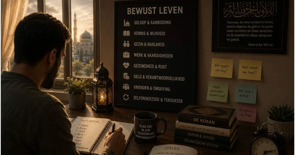 Bewust leven als moslim met aandacht voor tijd, gebed, kennis, gezin, werk, gezondheid en verantwoordelijkheid