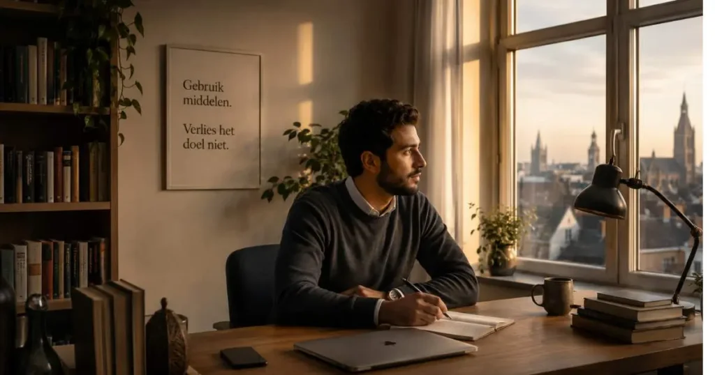 Man in een moderne werkkamer denkt na over wanneer middelen het doel verdringen binnen strategisch bewustzijn