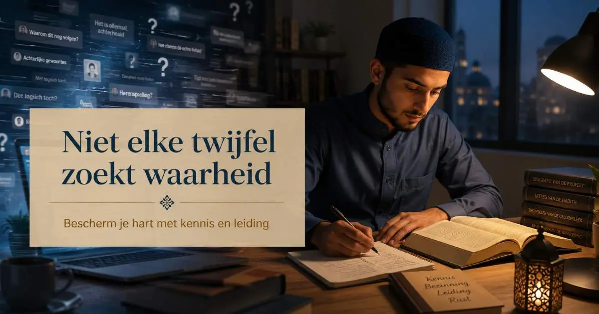 Moslim bestudeert boeken terwijl digitale twijfel op de achtergrond verschijnt met de tekst Niet elke twijfel zoekt waarheid