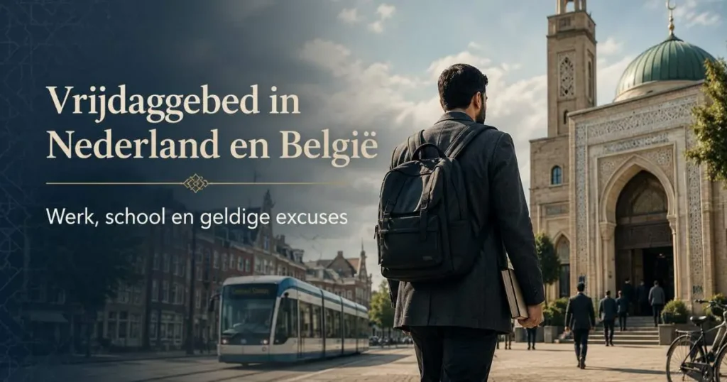 Moslim op weg naar het vrijdaggebed in Nederland en België, met een moskee en openbaar vervoer in een Europese stad.