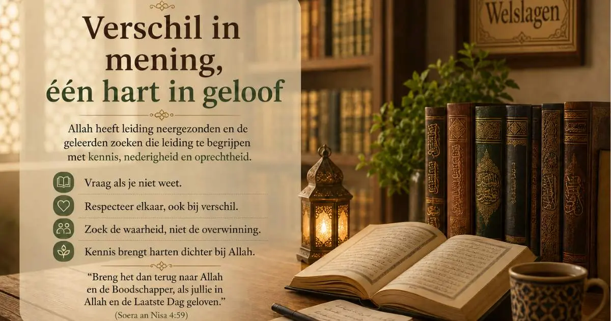 Rustige islamitische bibliotheek met boeken en de tekst Verschil in mening één hart in geloof