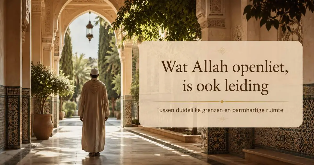 Moslim loopt door een rustige islamitische gang met de tekst Wat Allah openliet is ook leiding