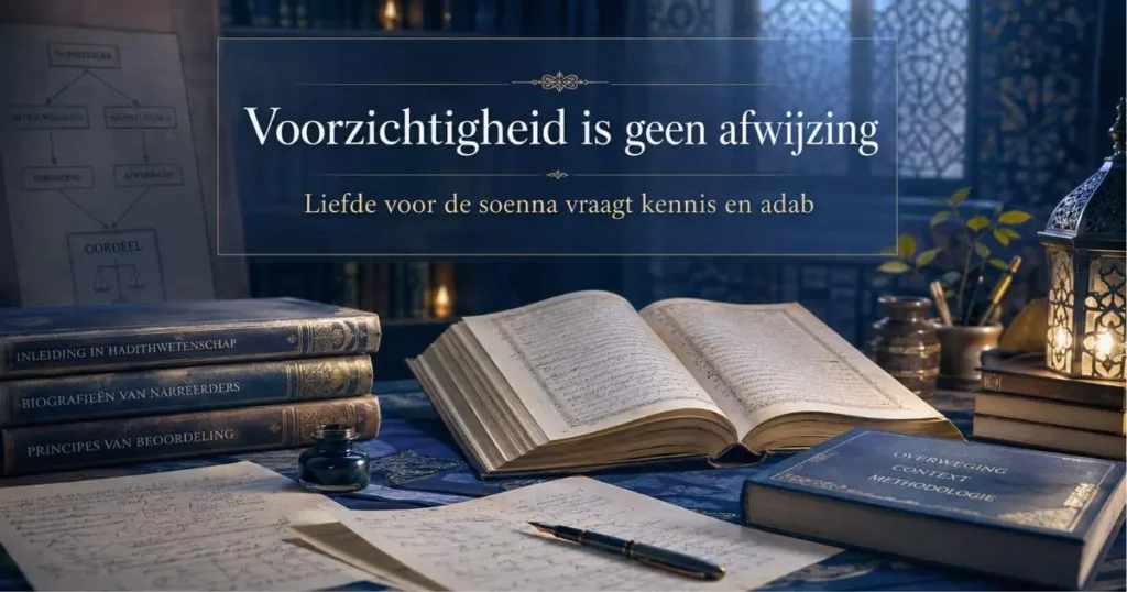 Blauwe studieruimte met boeken over de betekenis van een zwakke hadith en hadithbeoordeling