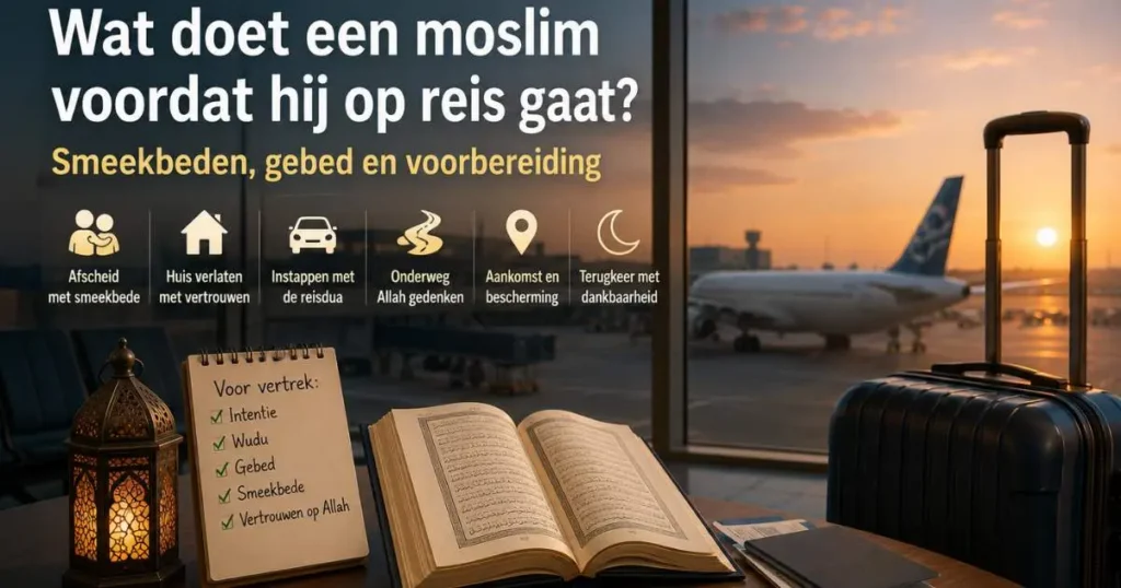 Moslimreis met koffer, gebed, smeekbeden en voorbereiding voor vertrek