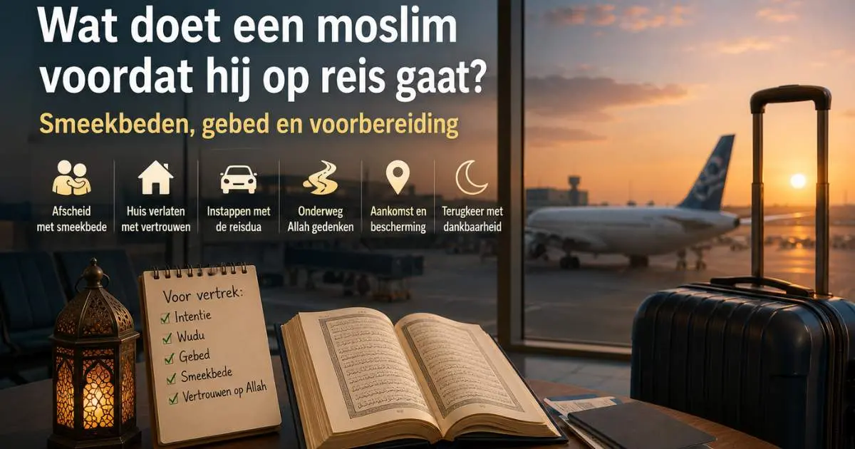 Moslimreis met koffer, gebed, smeekbeden en voorbereiding voor vertrek