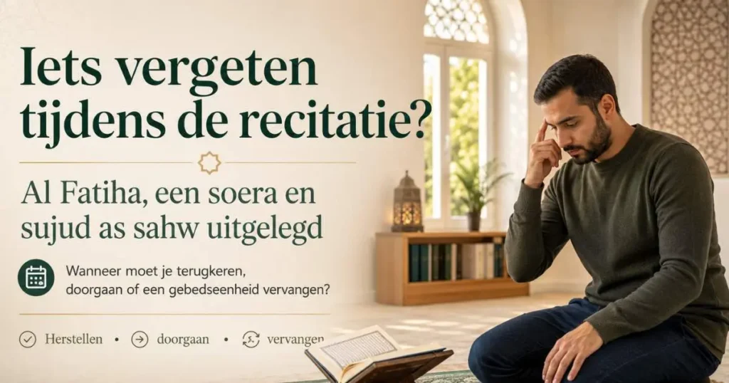 Moslim tijdens het gebed met uitleg over al Fatiha of een soera vergeten en wanneer sujud as sahw nodig is.