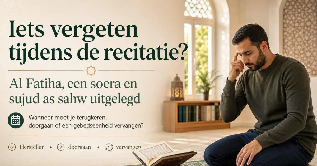 Moslim tijdens het gebed met uitleg over al Fatiha of een soera vergeten en wanneer sujud as sahw nodig is.
