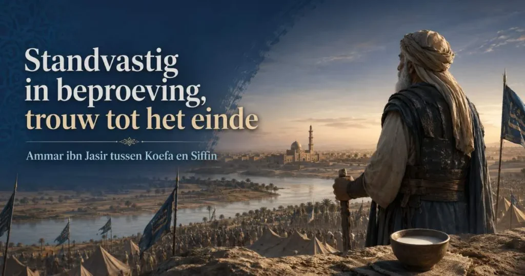 Historisch geïnspireerde verbeelding van Ammar ibn Jasir tussen Koefa en Siffin, met een legerkamp, de Eufraat en een kom melk