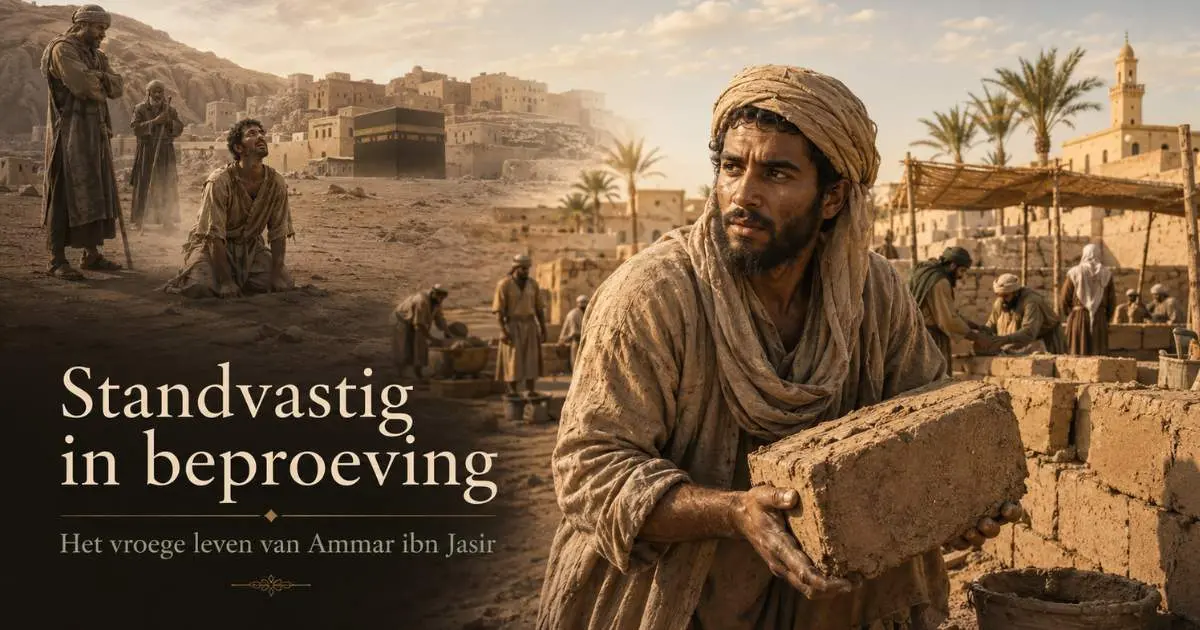 Historisch geïnspireerde verbeelding van Ammar ibn Jasir tijdens de vervolging in Mekka en de latere bouw van de moskee in Medina