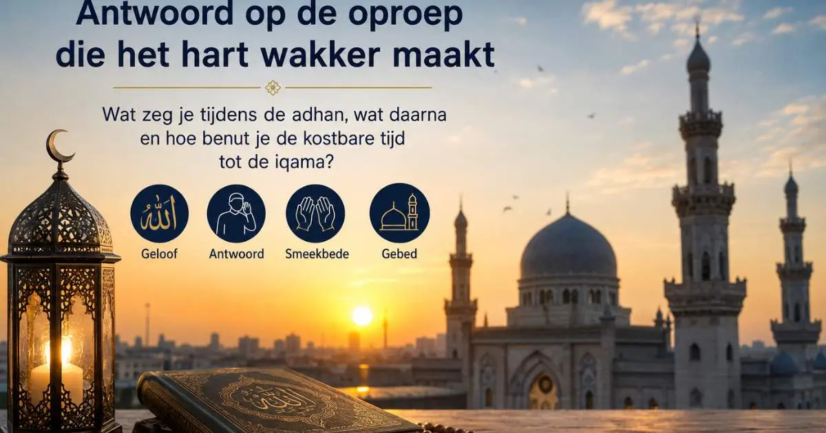 Een verlichte moskee bij zonsondergang met een lantaarn, gebedskralen en Nederlandse uitleg over het beantwoorden van de adhan