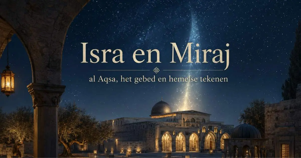 Historisch nachtbeeld van de al Aqsamoskee met hemels licht als verbeelding van Isra en Miraj en de gave van het gebed
