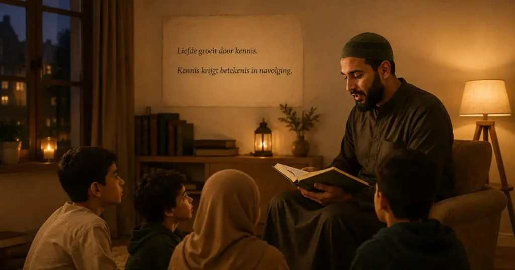 Moslimgezin leert samen over het leven van de Profeet ﷺ tijdens Mawlid an Nabi