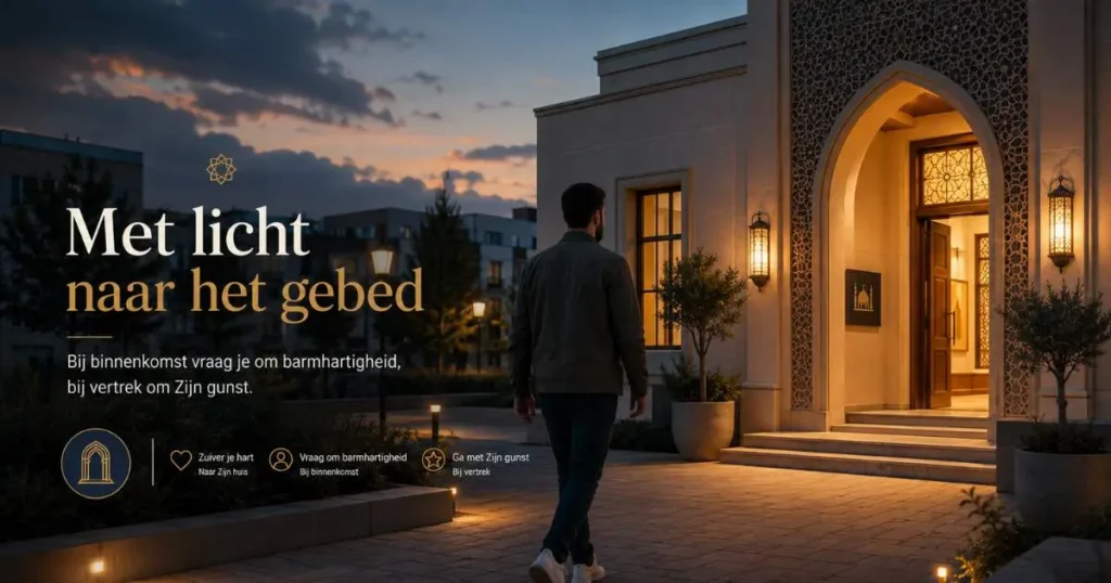 Een moslim in gewone Europese kleding loopt bij zonsondergang naar een verlichte moskee