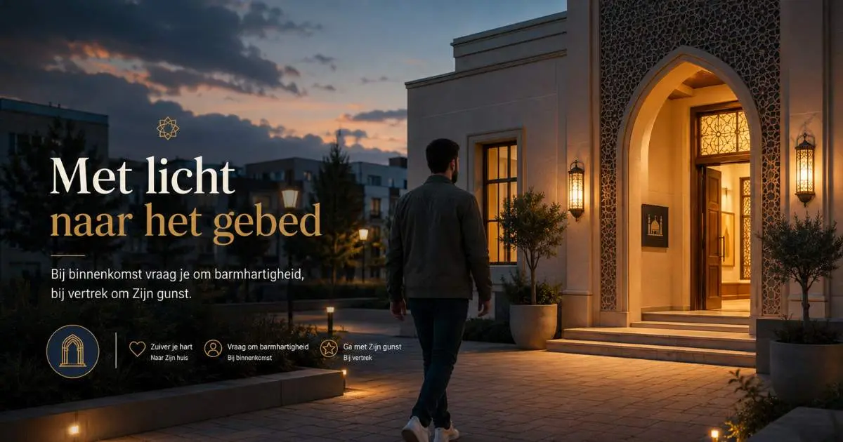 Een moslim in gewone Europese kleding loopt bij zonsondergang naar een verlichte moskee