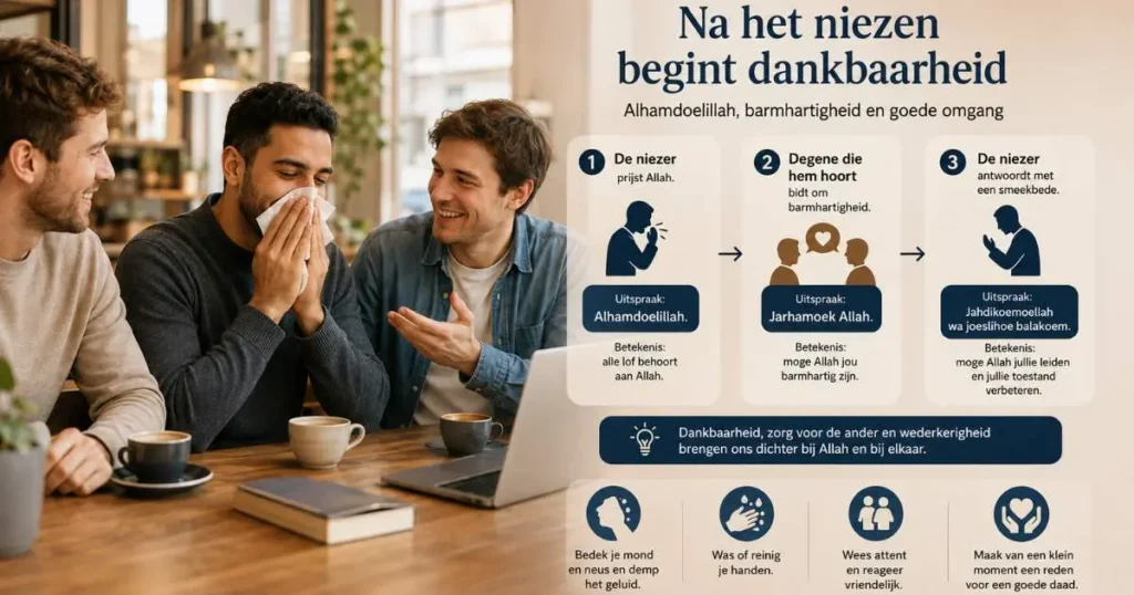 Een moslim niest tussen zijn vrienden terwijl de islamitische uitspraken na het niezen worden uitgelegd