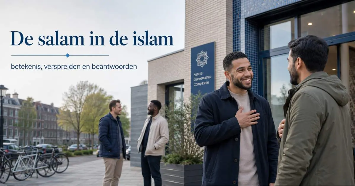 Moslims in gewone Europese kleding begroeten elkaar met de salam voor een moskee in een Nederlandse stad