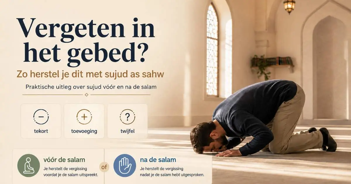 Moslim verricht sujud as sahw in de moskee met uitleg over tekort, toevoeging en twijfel vóór of na de salam.