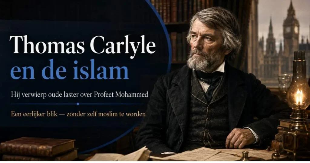 Thomas Carlyle in een negentiende-eeuwse studeerkamer bij een artikel over zijn visie op de islam en Profeet Mohammed ﷺ.
