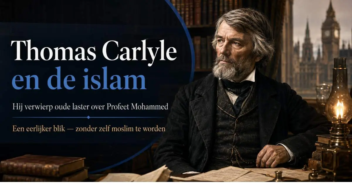 Thomas Carlyle in een negentiende-eeuwse studeerkamer bij een artikel over zijn visie op de islam en Profeet Mohammed ﷺ.