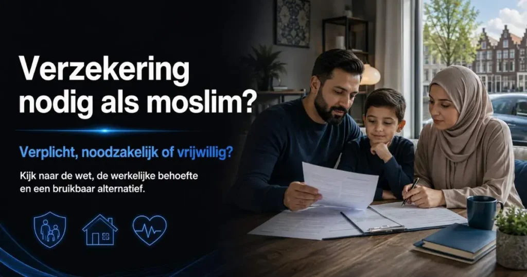 Moslimgezin bekijkt verzekeringsdocumenten in Nederland met uitleg over verplichte, noodzakelijke en vrijwillige verzekeringen.